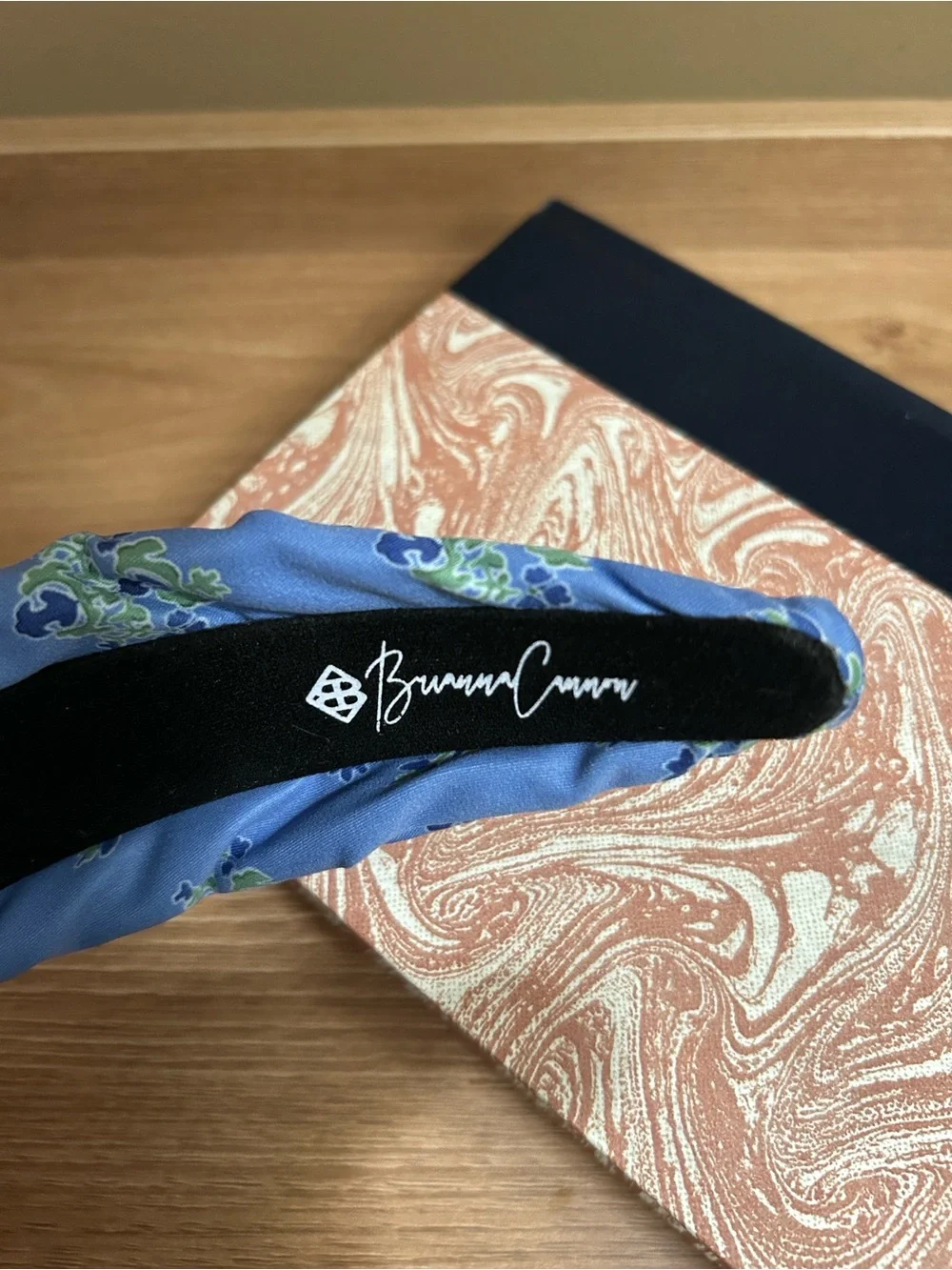 Brianna Cannon Blue Floral Twist Knot Headband with Green Stone Bead Detailing